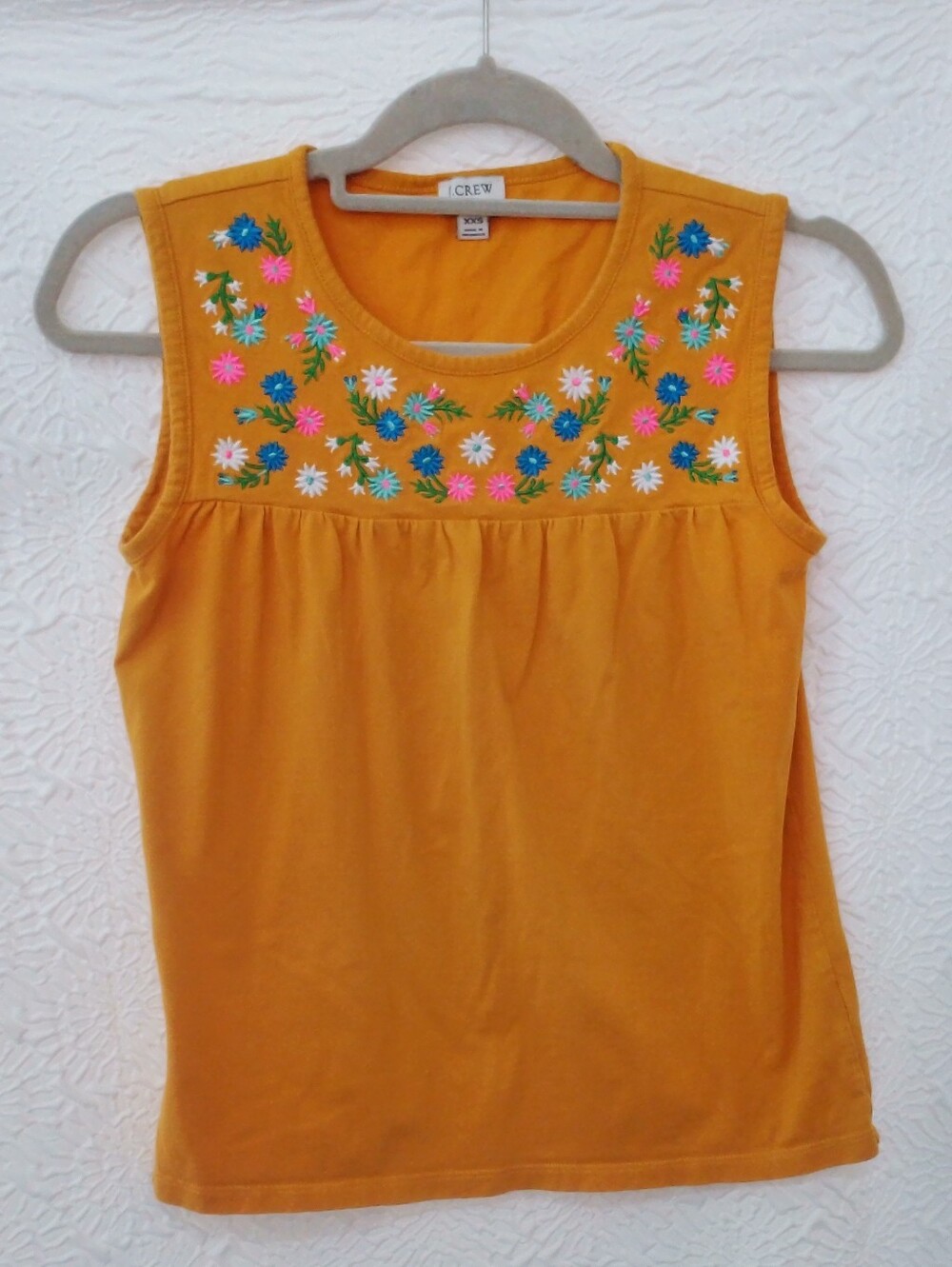 J.CREW Yellow Embroidered Floral Yoke Tank Top Sleeveless 100% Cotton Knit 2XS